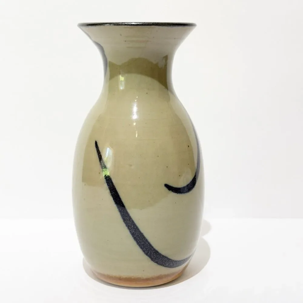 Hand Thrown Art Pottery Vase Green Black Iridescent Design Artist Signed 6.75